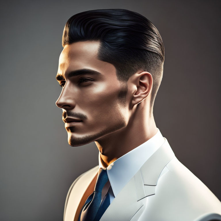 Stylized portrait of man in suit with sharp haircut and gradient background