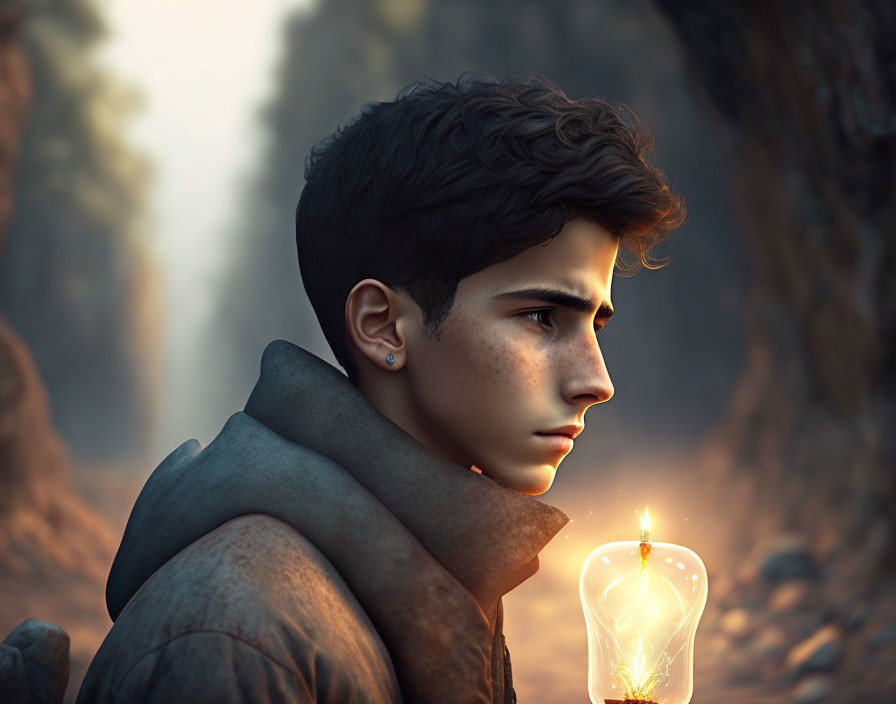 Young person with candle in moody natural setting and warm light.