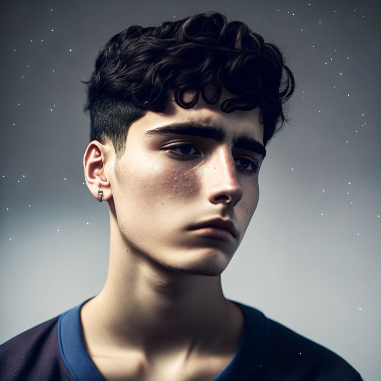 Young man with curly hair and freckles in blue top against starry backdrop