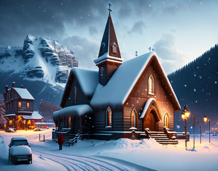 Snow-covered church at dusk with vehicle, snowy mountains