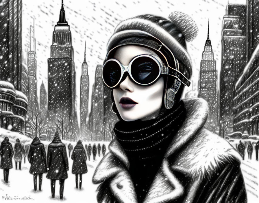 Fashionable woman in sunglasses and winter clothing in snowy cityscape