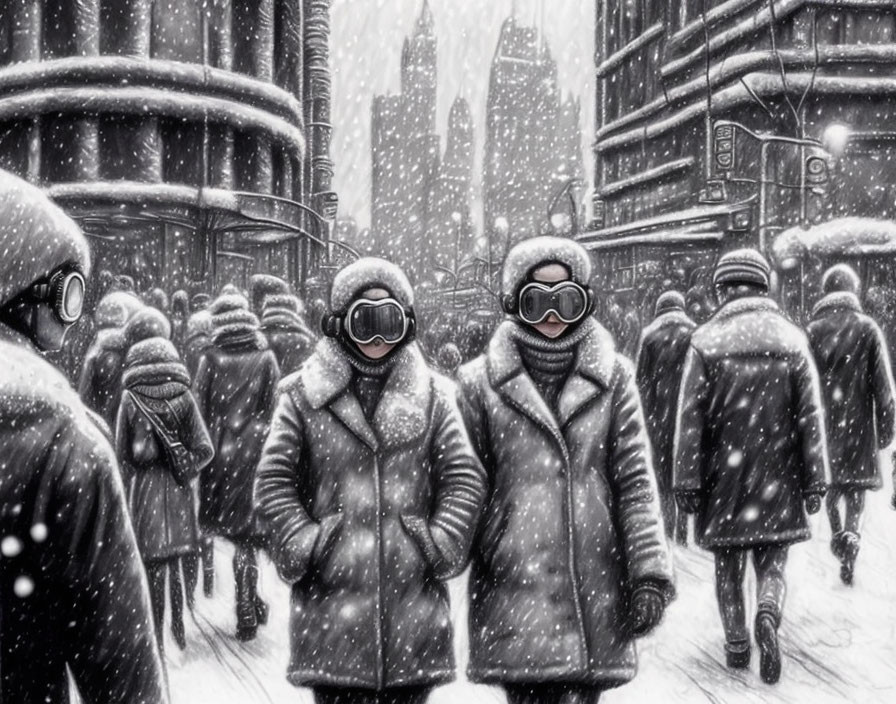 Two people in winter coats and goggles walking on snow-covered city street