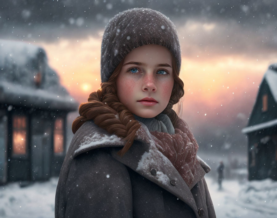 Young girl with braided hair in winter clothing gazes with snowflakes and warm-lit houses