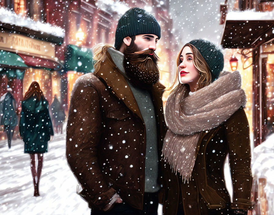 Couple in winter attire on snowy street with falling snowflakes