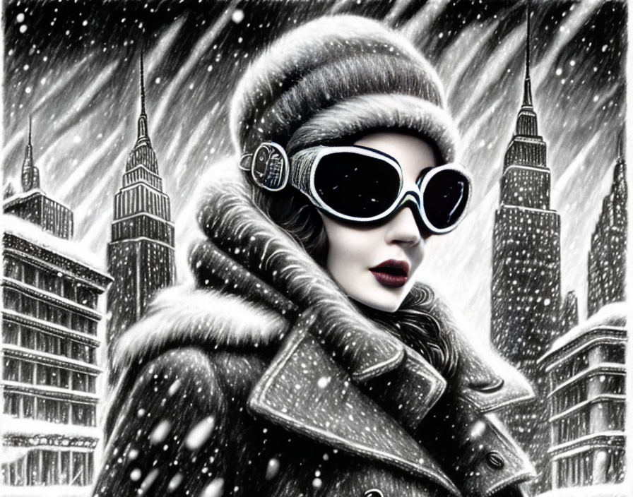 Monochrome winter fashion portrait in urban snowfall