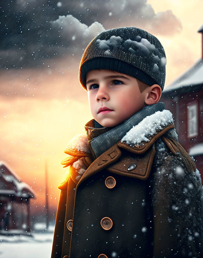 Young boy in winter cap and coat in snowy scene with houses, gazing into distance.