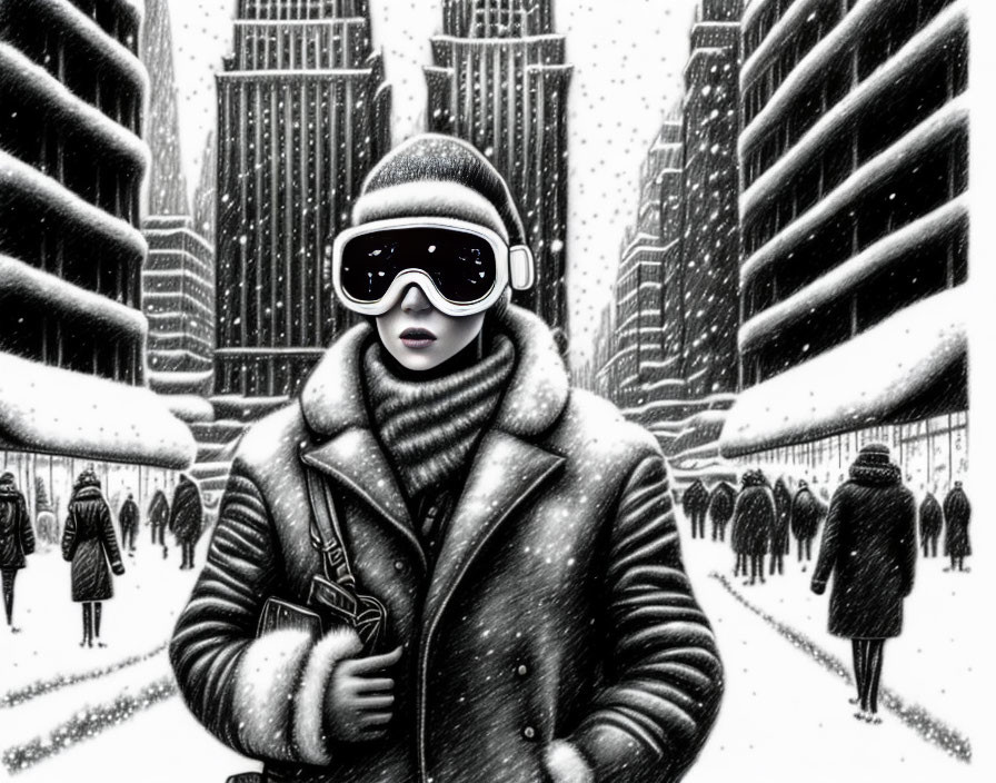 Person in winter coat and VR glasses in snowy cityscape.