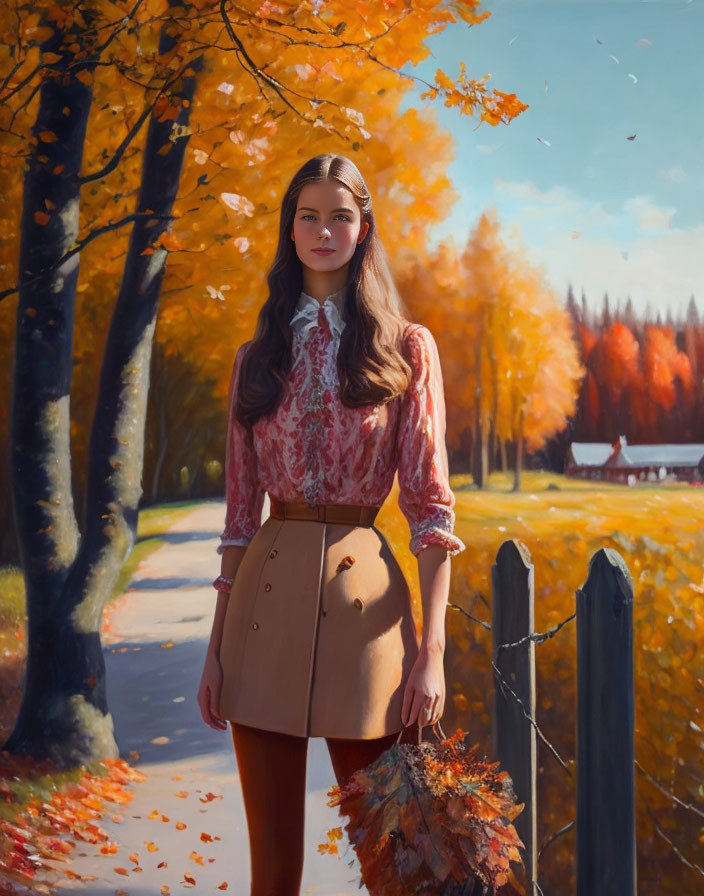 Woman standing by fence on tree-lined path with autumn foliage and rustic buildings.