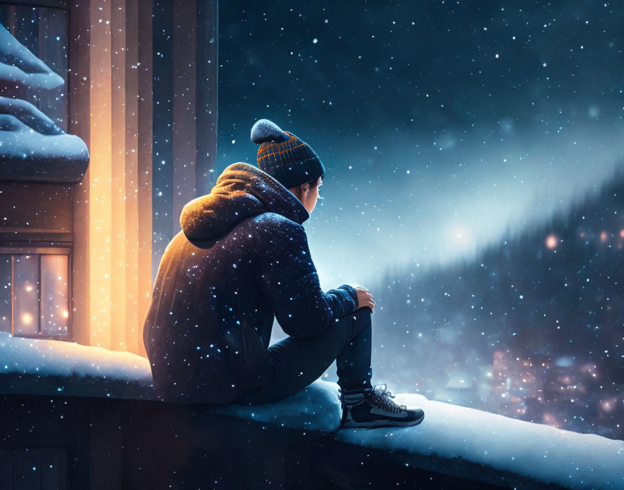 Person sitting by snowy window under starry night sky with falling snowflakes