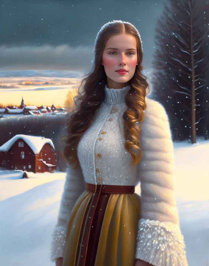 Woman in white fur coat and yellow skirt in snowy village landscape.