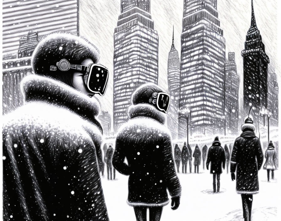 Artwork of people with CCTV cameras as heads in snowy cityscape symbolizing urban surveillance.