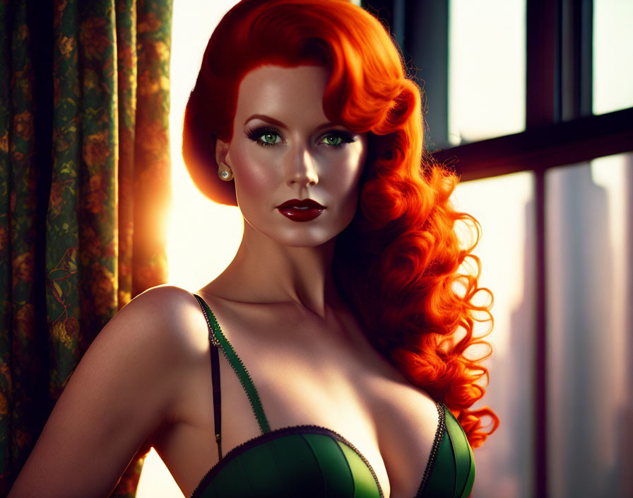 Red-haired Woman in Vintage Hairstyle Wearing Green Dress by Sunlit Window