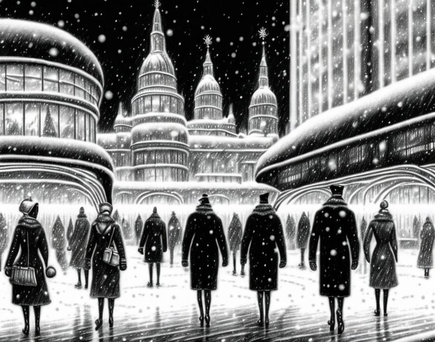 Illustration of people in winter coats walking in snowy night with classical buildings and stars.