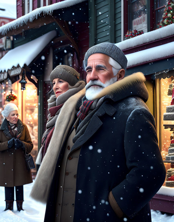 Elderly couple in winter attire on snow-covered festive street