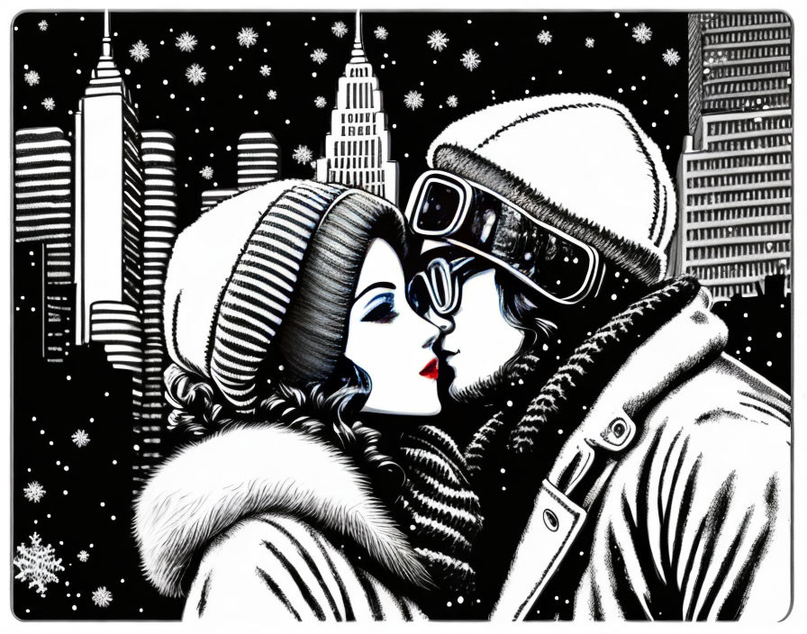 Monochromatic winter-themed illustration of couple about to kiss