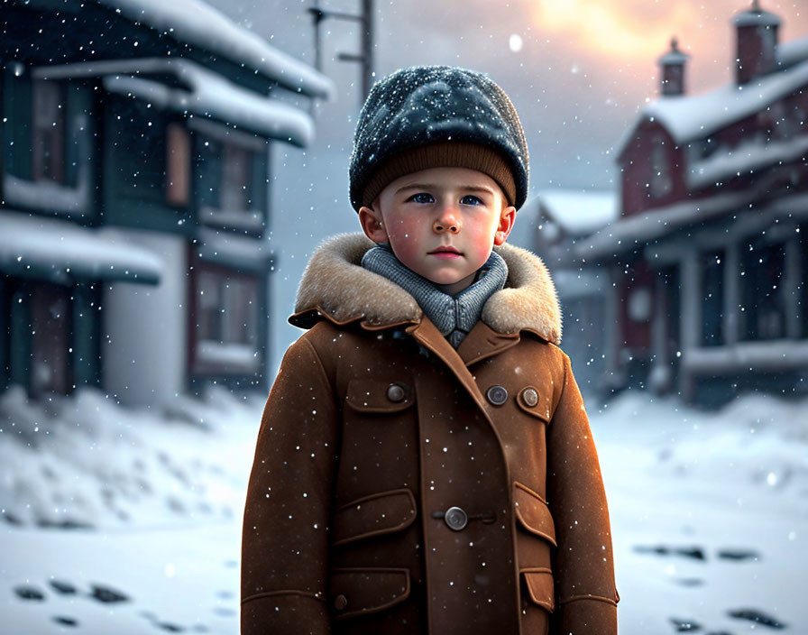 Child in winter coat and hat standing in snowy landscape with falling snowflakes and houses in background.