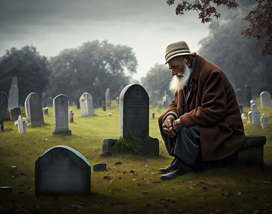 Elderly man with white beard in hat and coat sits on misty cemetery bench.