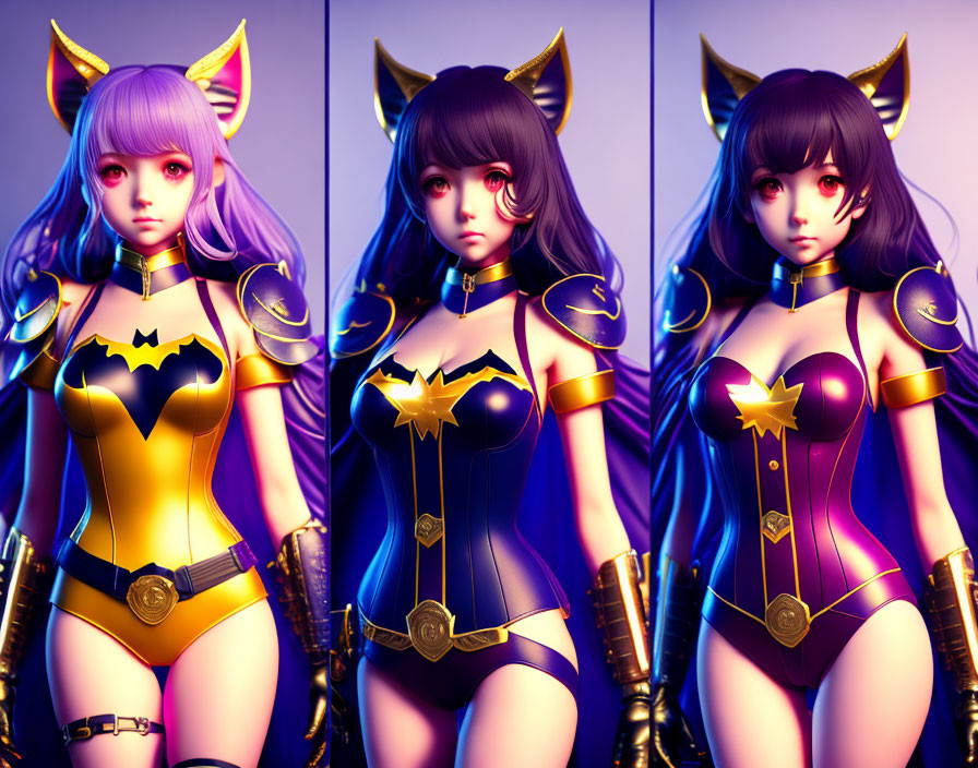 Illustrated female character in superhero-themed bodysuit with cat ears and bat emblem poses.