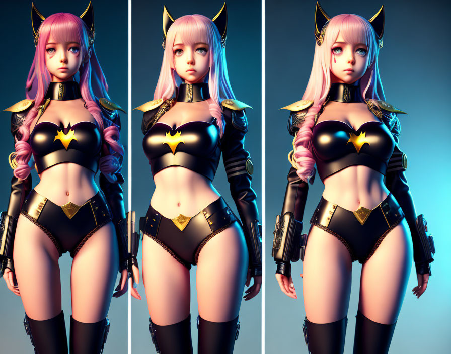 Digital Artwork: Pink-Haired Character in Black & Gold Superhero Costume