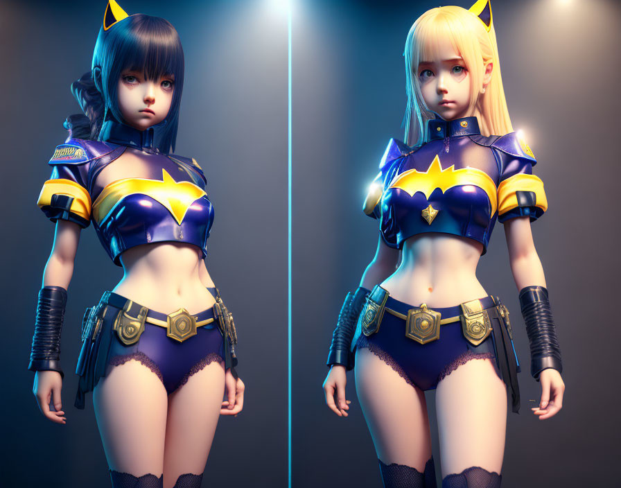 Stylized female character with cat-like ears in futuristic blue and gold costume against gradient background