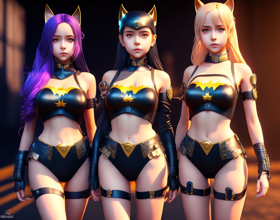 Three women in bat-themed, cat-eared costumes with unique colored hair strike confident poses