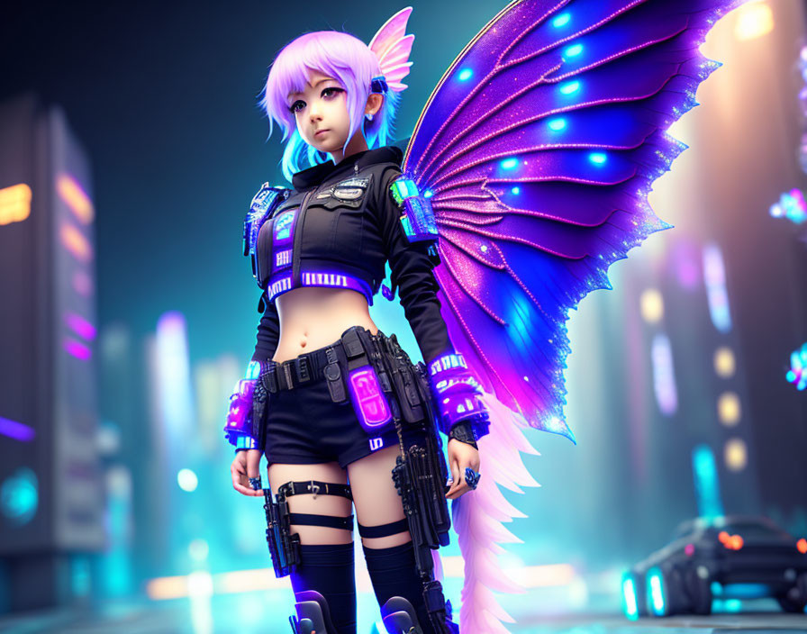 Digital artwork: Female character with purple hair, cybernetic wings, futuristic armor, in neon-l