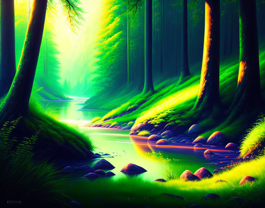 Vibrant digital artwork of mystical forest with lush green trees, serene river, and sunlight.