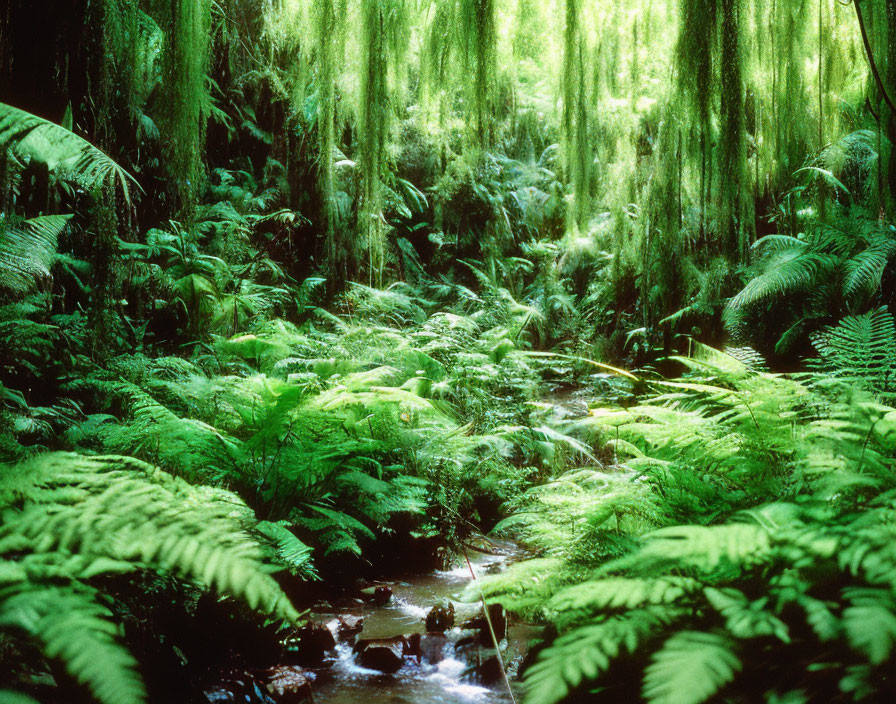 Tranquil forest scene with lush green ferns and a small stream