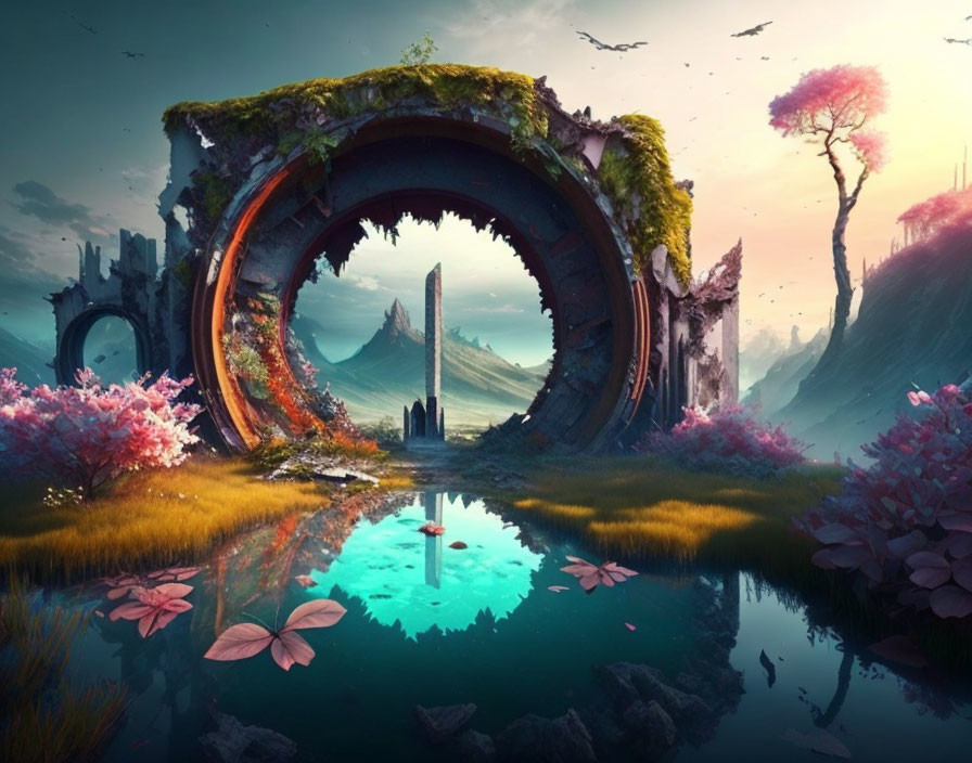 Fantasy landscape with moss-covered gateways, blue pond, pink blossoms, and mystical backdrop