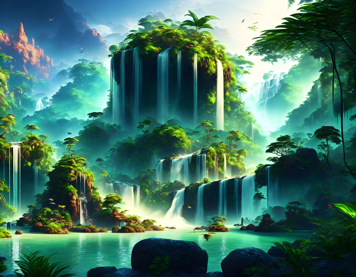 Lush jungle scene with cascading waterfalls and serene lake