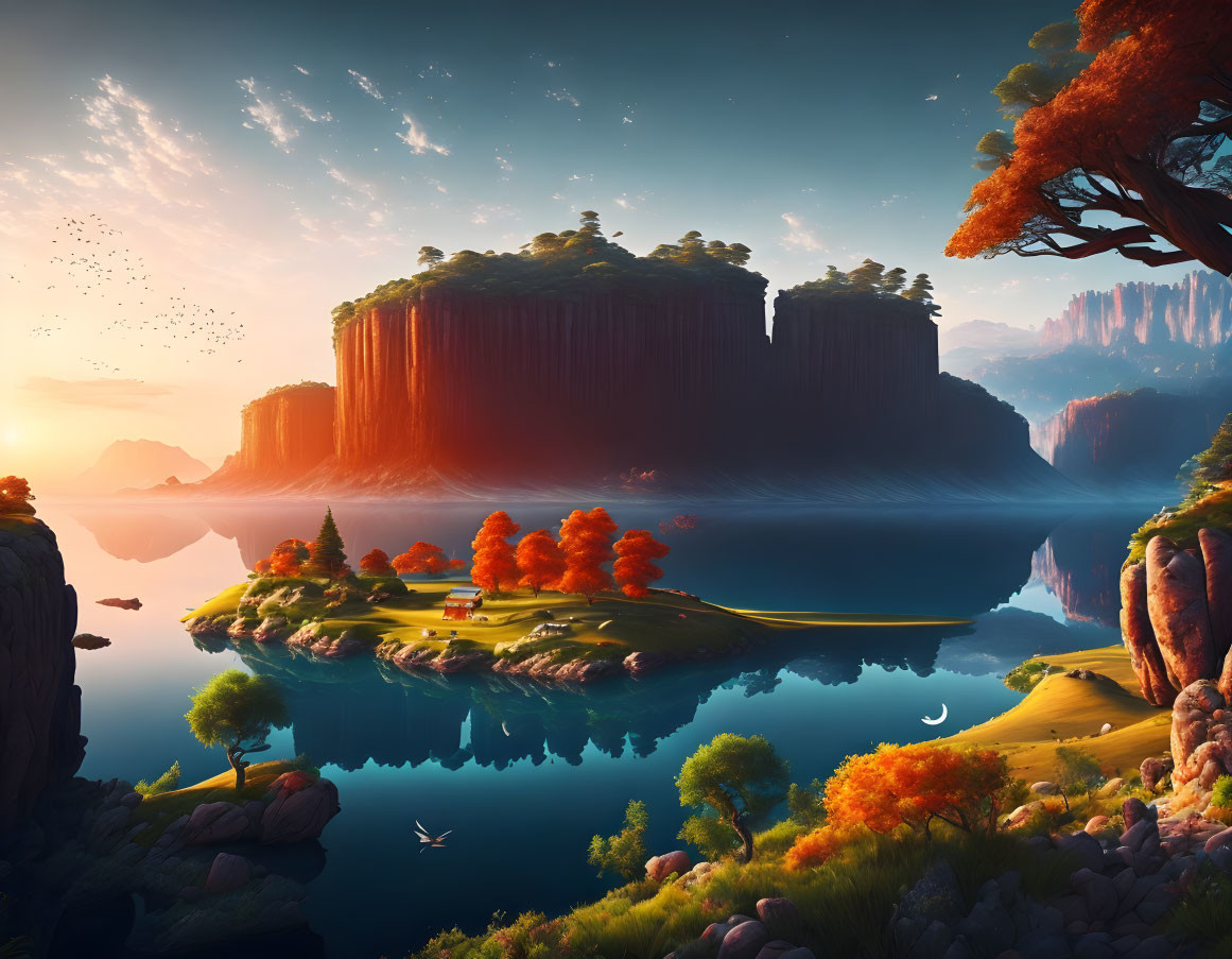 Tranquil fantasy landscape with waterfalls, cliffs, trees, and reflective lake at dawn or dusk