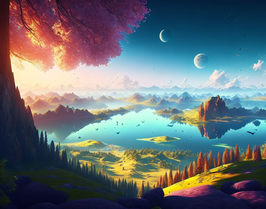 Fantasy landscape with lake, mountains, two moons, and pink tree.