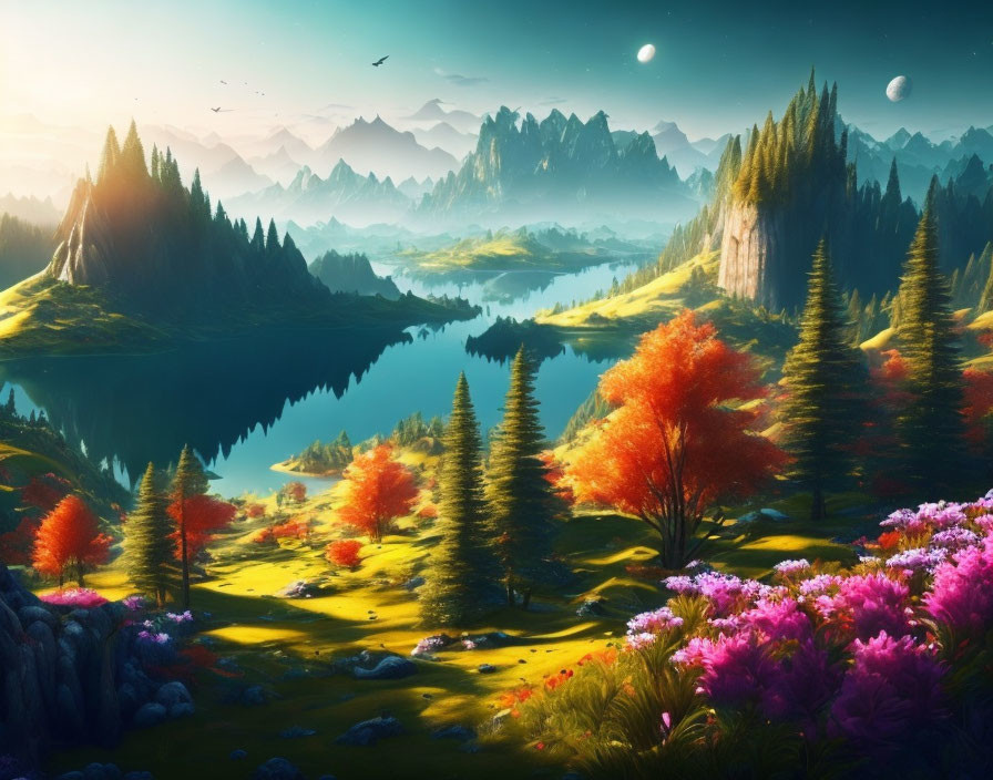 Tranquil fantasy landscape with rolling hills, colorful flora, lake, mountains, two moons, and