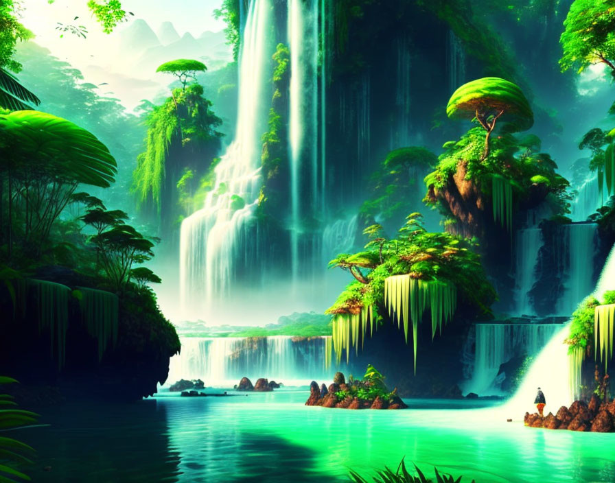 Digital Art: Idyllic Waterfall Oasis with Lush Greenery