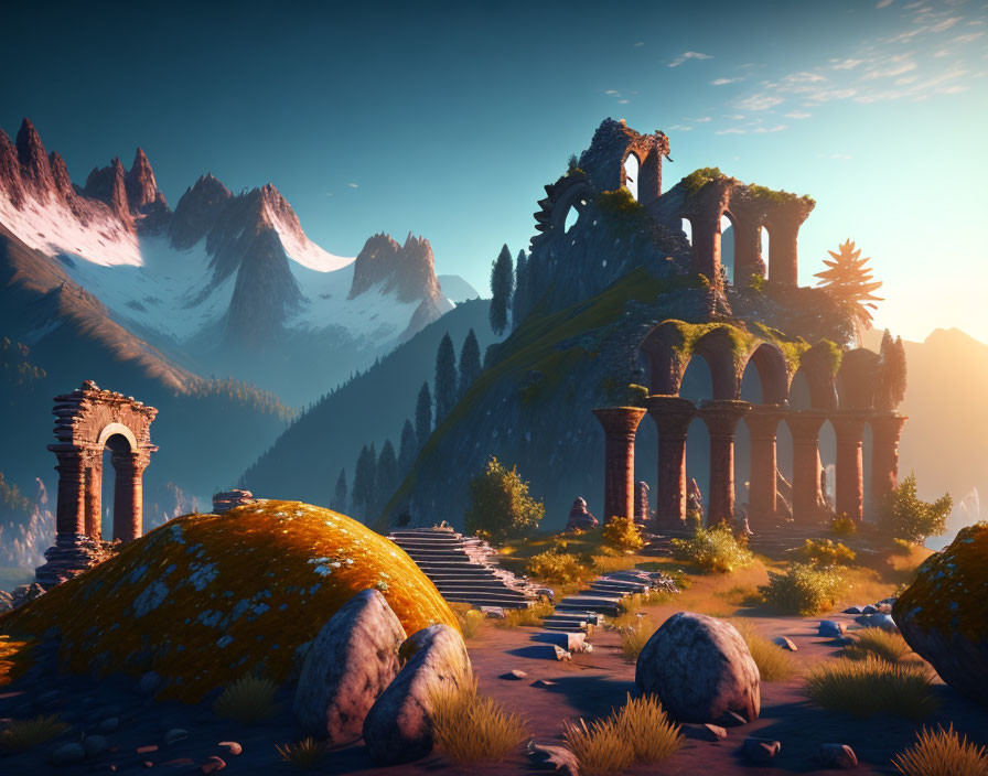 Ancient ruins on grassy hill with mountains and golden sunset.