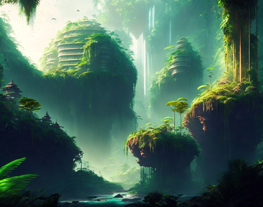 Mystical forest with floating islands and futuristic buildings in soft light