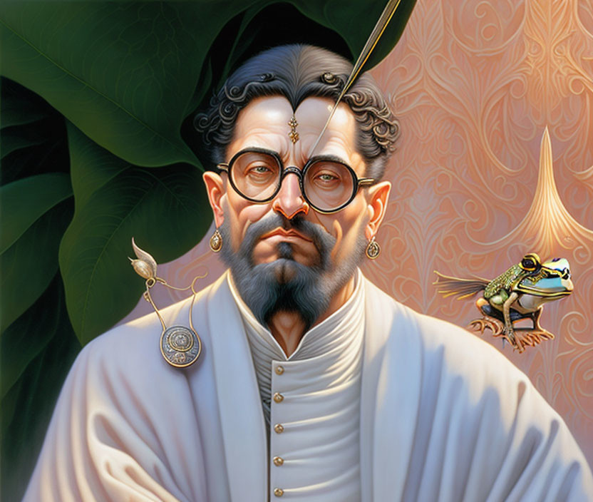 Detailed illustration: man with glasses, mustache, traditional attire, frog, leaf, ornate background