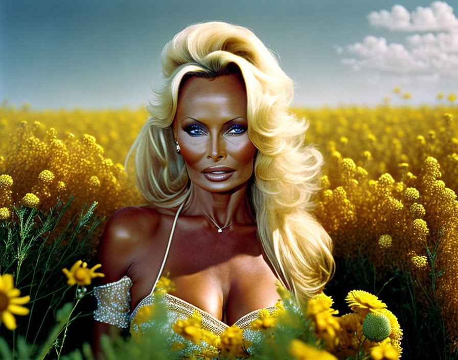 Blonde woman with tanned skin in yellow flower field