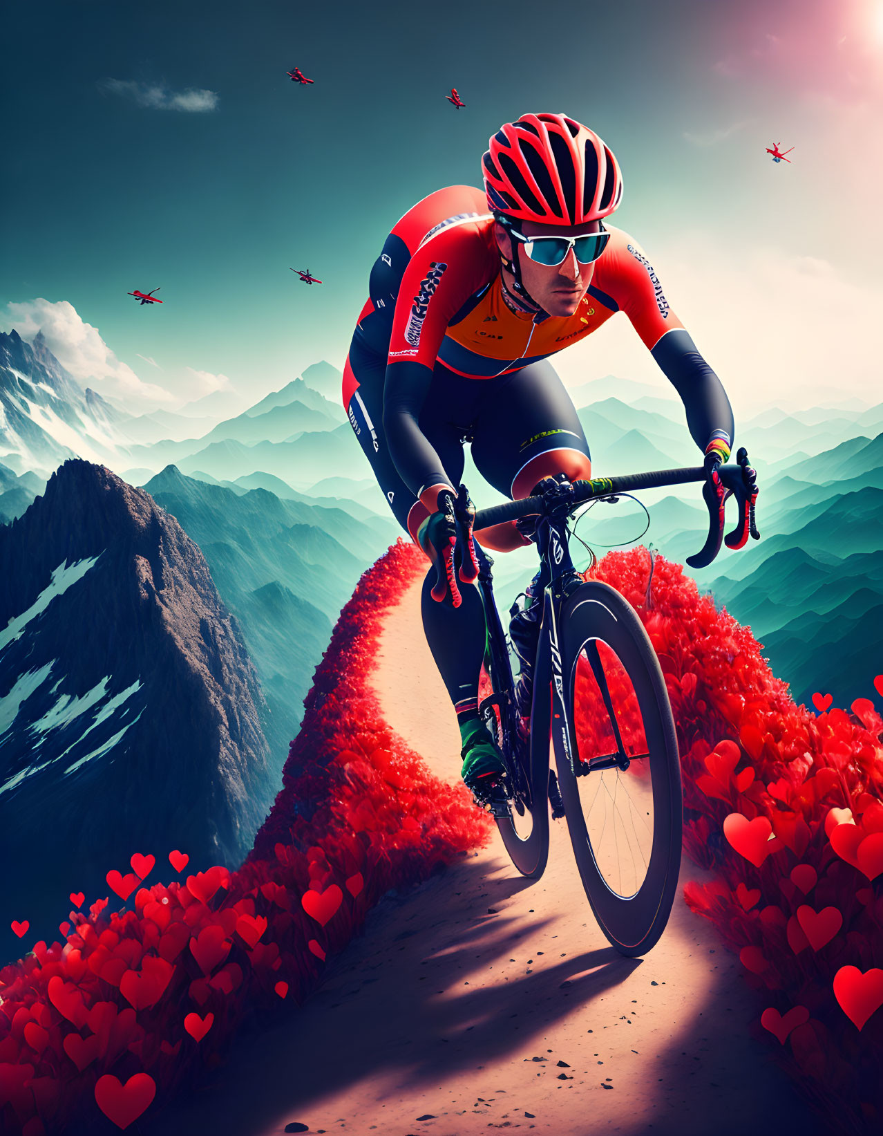 Cyclist in Red and Black Outfit on Road Bike with Red Hearts, Snowy Mountains,