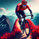 Cyclist in Red and Black Outfit on Road Bike with Red Hearts, Snowy Mountains,