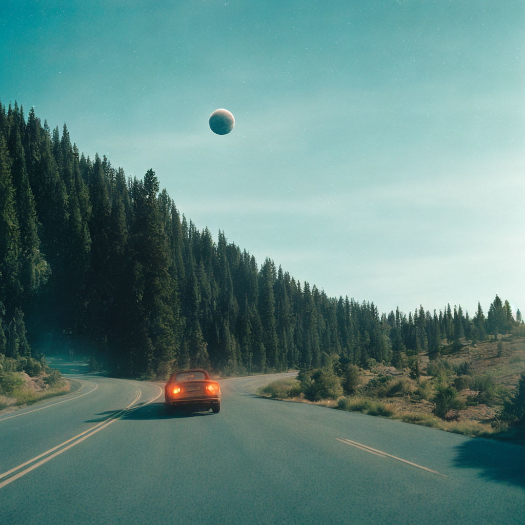 Moonlit forest road car drive under night sky