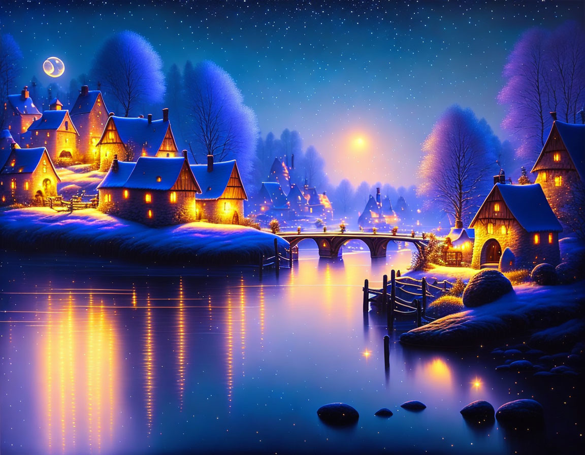 Winter village night scene with glowing lights, river, stars, and crescent moon