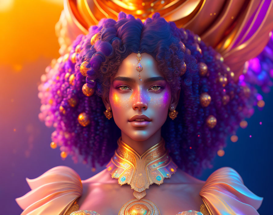 Digital artwork featuring woman with gold jewelry, purple floral hair adornments, celestial makeup, vibrant background.