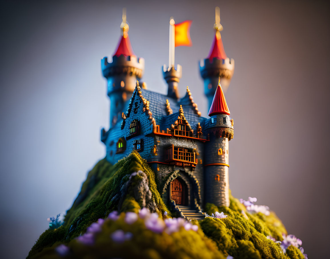 Miniature fairy tale castle on mossy hill with red-tipped towers