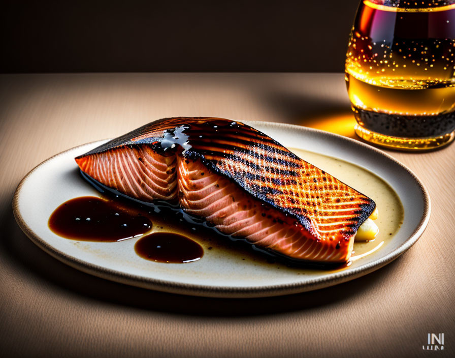 Glazed Salmon Fillet on Ceramic Plate with Glass of Amber Liquid