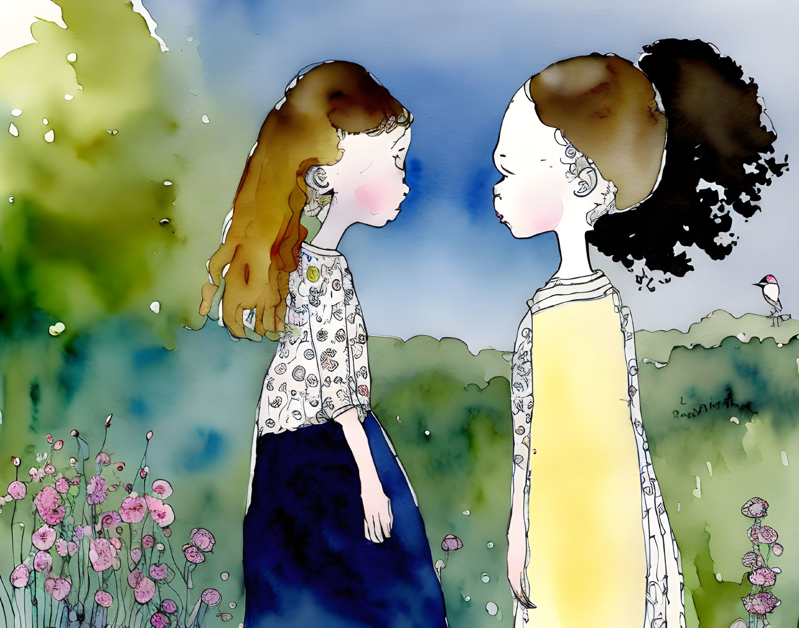 Illustrated girls in colorful field with flowers and bird