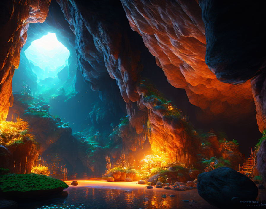 Ethereal underground cave with tranquil lake and natural skylight