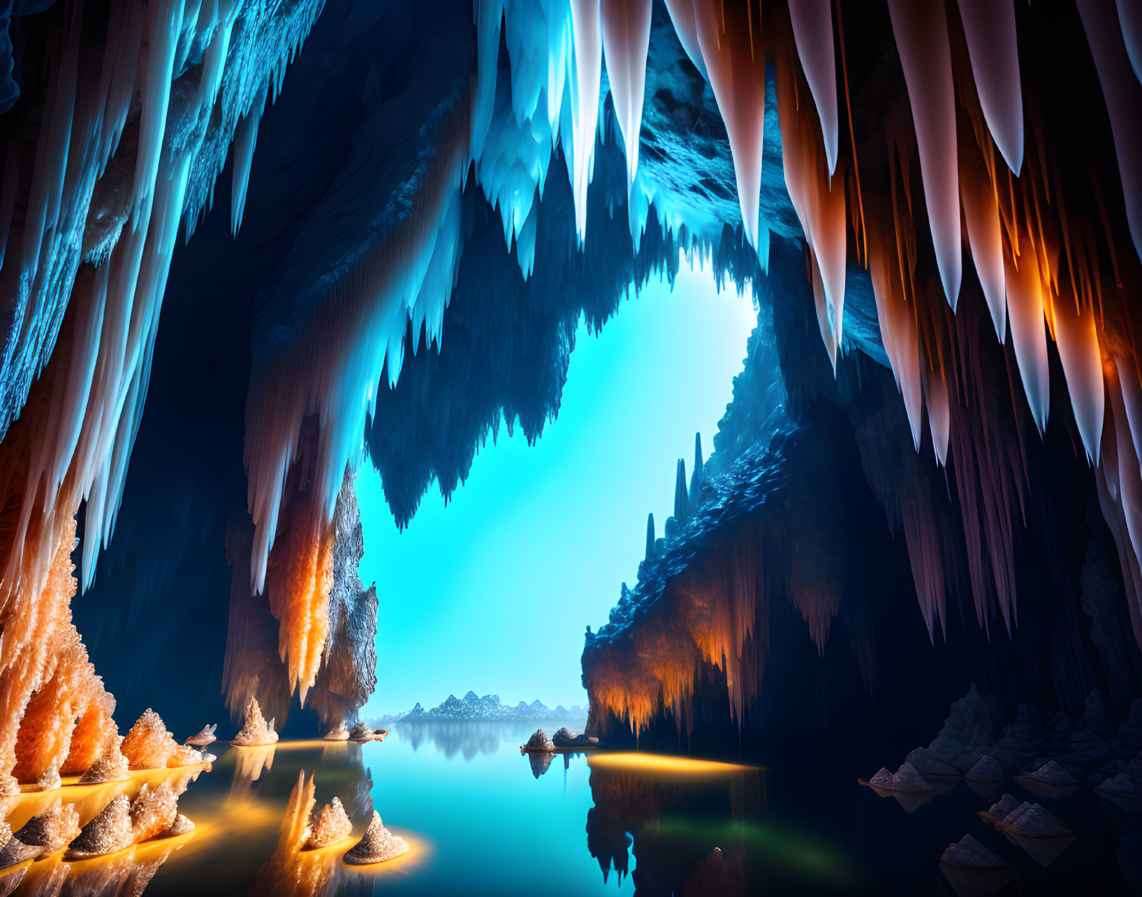 Mystical cave with vibrant blue light, stalactites, stalagmites, and serene water