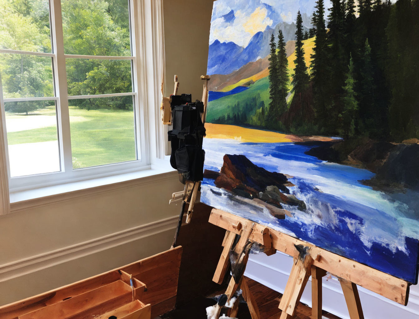 Art studio with landscape painting, painter's box, and scenic view.