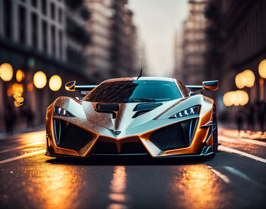 Luxury Car with Striking Design Parked on Urban Street at Dusk